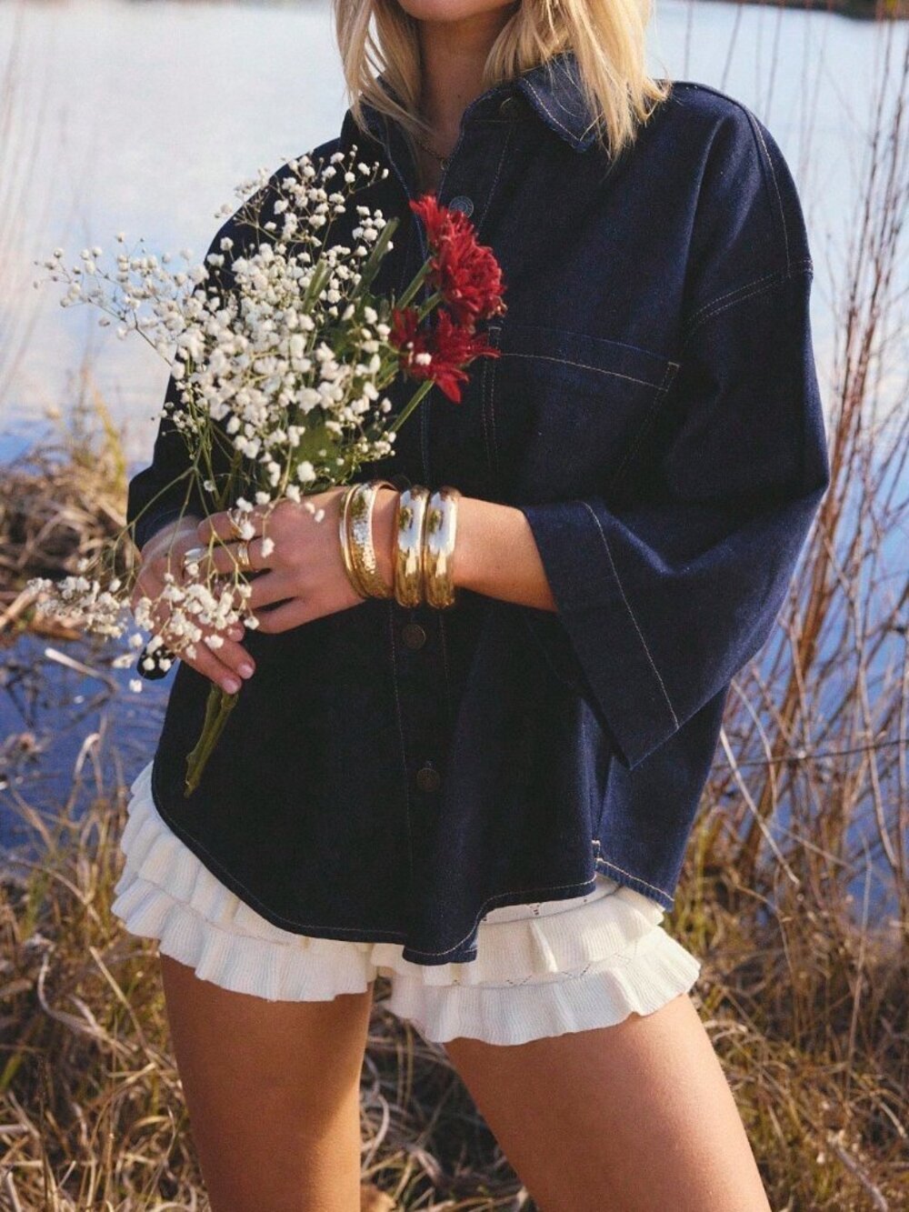 Dark Wash Casual Oversized Women's Button Front Short Sleeve Denim Shacket
